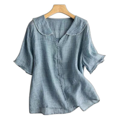 Effortless Green Linen Blouse for Women with Collared Short Sleeve Button Front Casual Style