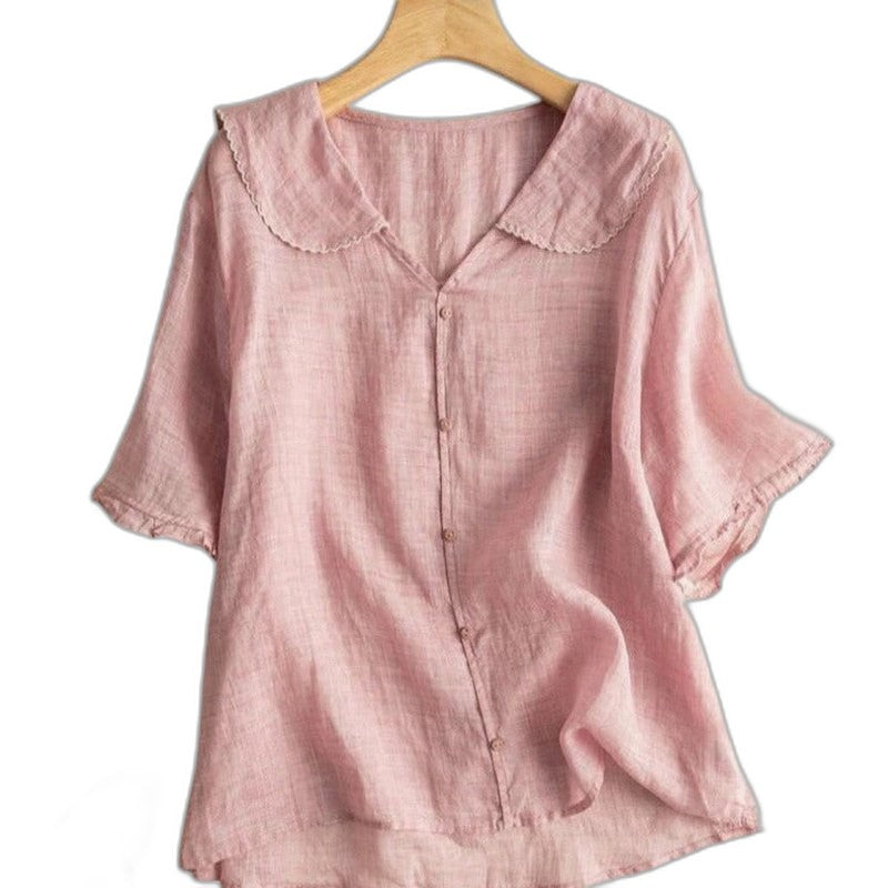 Effortless Green Linen Blouse for Women with Collared Short Sleeve Button Front Casual Style