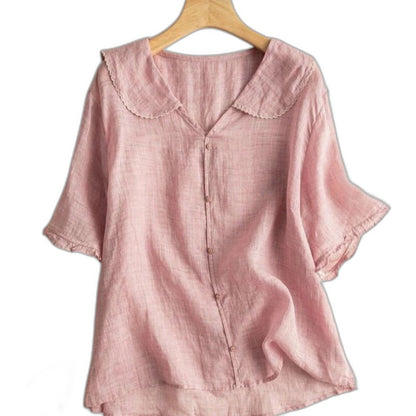 Effortless Green Linen Blouse for Women with Collared Short Sleeve Button Front Casual Style