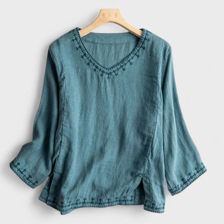 Effortless Green Linen Blouse for Women with V Neck Long Sleeve Flowing Casual Style