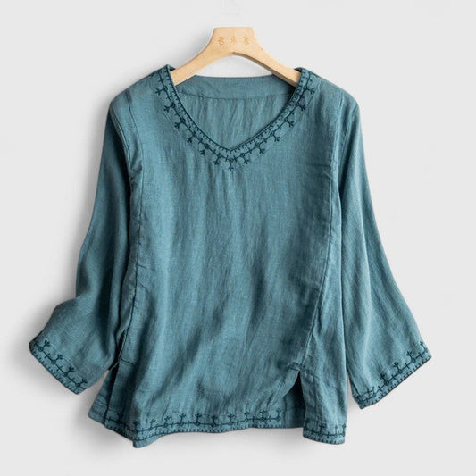 Effortless Green Linen Blouse for Women with V Neck Long Sleeve Flowing Casual Style