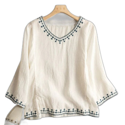 Effortless Green Linen Blouse for Women with V Neck Long Sleeve Flowing Casual Style