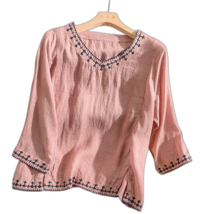 Effortless Green Linen Blouse for Women with V Neck Long Sleeve Flowing Casual Style