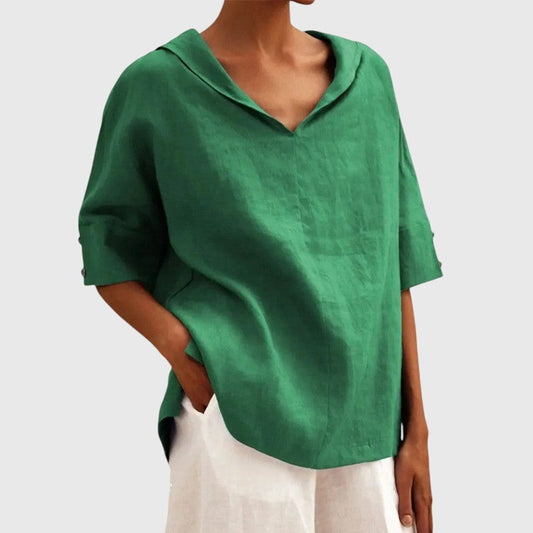 Effortless Green Linen Blouse for Women with V Neck Short Sleeve Oversized Casual Style