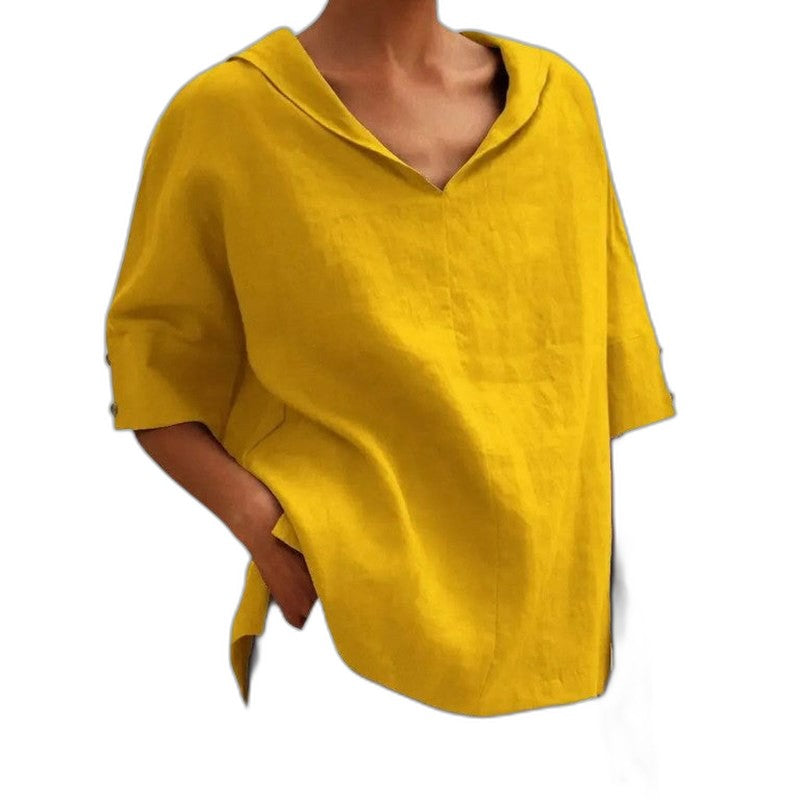 Effortless Green Linen Blouse for Women with V Neck Short Sleeve Oversized Casual Style