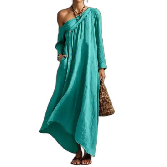 Effortless Green Linen Maxi Dress for Women with One Shoulder Long Sleeve Flowing Pockets Casual Style