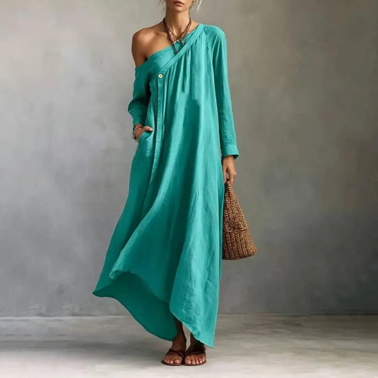 Effortless Green Linen Maxi Dress for Women with One Shoulder Long Sleeve Flowing Pockets Casual Style