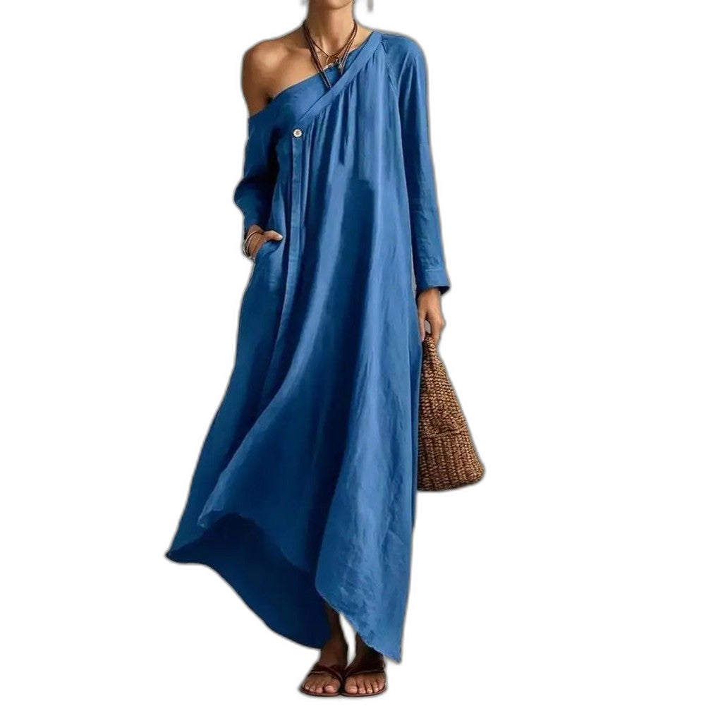 Effortless Green Linen Maxi Dress for Women with One Shoulder Long Sleeve Flowing Pockets Casual Style