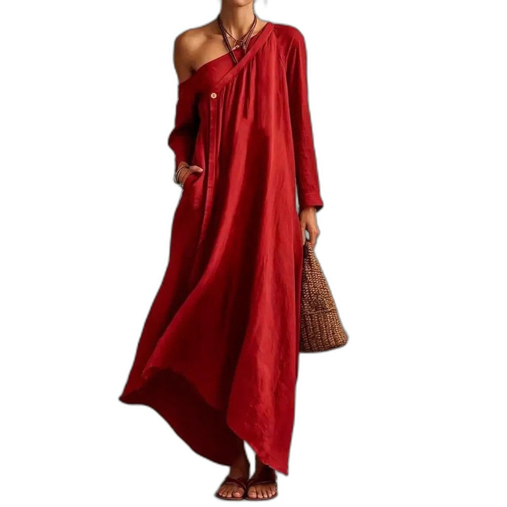 Effortless Green Linen Maxi Dress for Women with One Shoulder Long Sleeve Flowing Pockets Casual Style