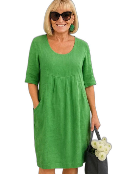 Effortless Green Linen Midi Dress for Women with Crew Neck Short Sleeve A Line Pockets Casual Style
