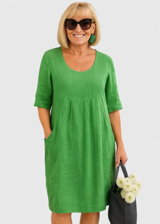 Effortless Green Linen Midi Dress for Women with Crew Neck Short Sleeve A Line Pockets Casual Style