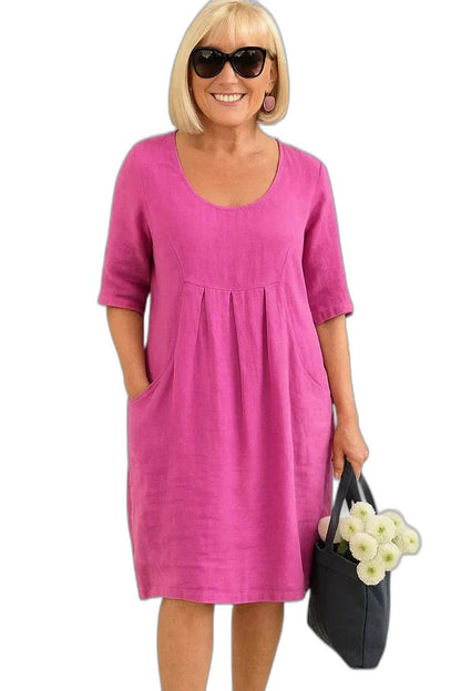 Effortless Green Linen Midi Dress for Women with Crew Neck Short Sleeve A Line Pockets Casual Style