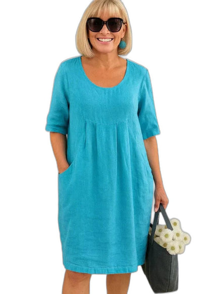 Effortless Green Linen Midi Dress for Women with Crew Neck Short Sleeve A Line Pockets Casual Style