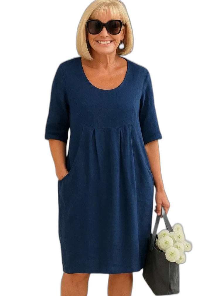 Effortless Green Linen Midi Dress for Women with Crew Neck Short Sleeve A Line Pockets Casual Style