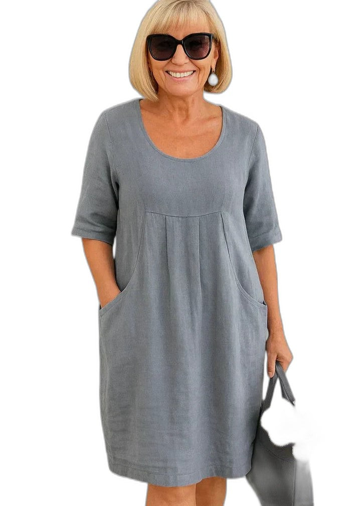 Effortless Green Linen Midi Dress for Women with Crew Neck Short Sleeve A Line Pockets Casual Style