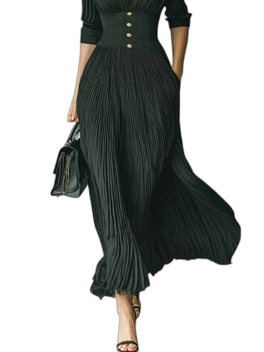Effortless Green Maxi Dress for Women with Crew Neck Long Sleeve Pleated Button Front Flowing Casual Style