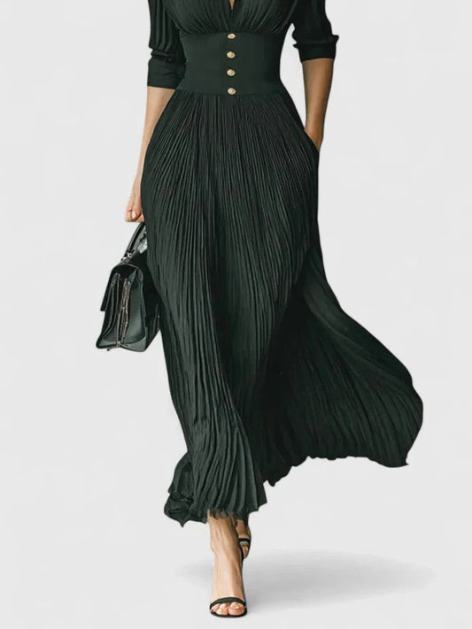 Effortless Green Maxi Dress for Women with Crew Neck Long Sleeve Pleated Button Front Flowing Casual Style
