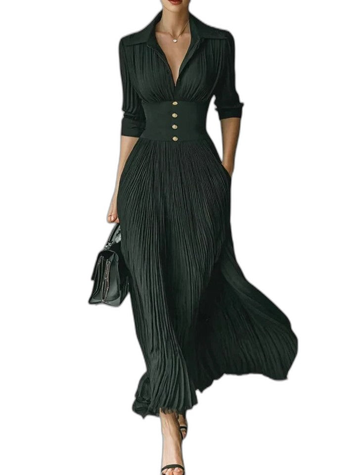 Effortless Green Maxi Dress for Women with Crew Neck Long Sleeve Pleated Button Front Flowing Casual Style