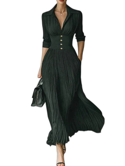 Effortless Green Maxi Dress for Women with Crew Neck Long Sleeve Pleated Button Front Flowing Casual Style