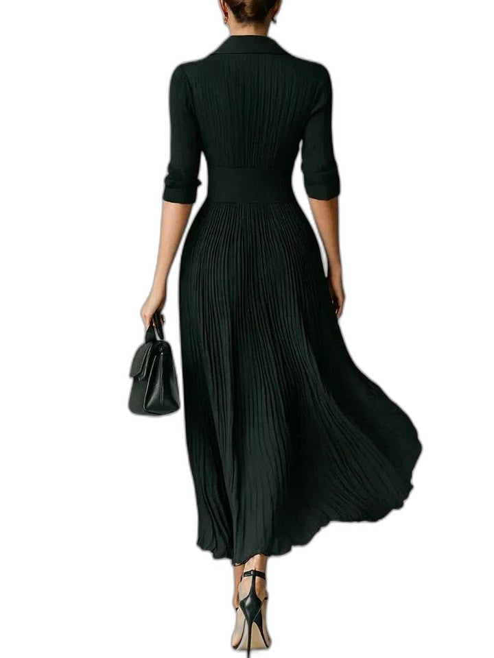 Effortless Green Maxi Dress for Women with Crew Neck Long Sleeve Pleated Button Front Flowing Casual Style