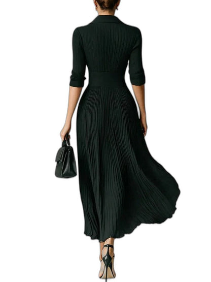 Effortless Green Maxi Dress for Women with Crew Neck Long Sleeve Pleated Button Front Flowing Casual Style