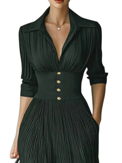 Effortless Green Maxi Dress for Women with Crew Neck Long Sleeve Pleated Button Front Flowing Casual Style