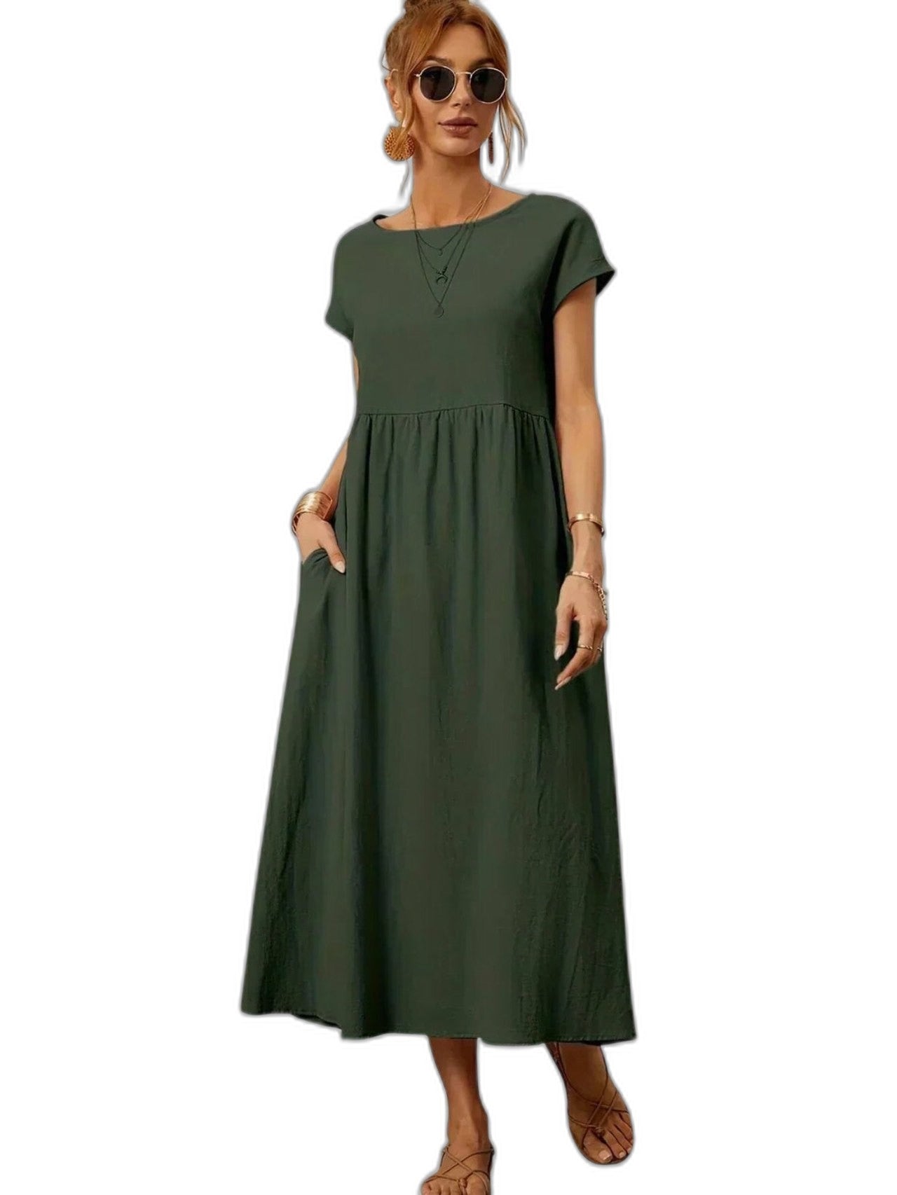 Effortless Green Maxi Dress for Women with Crew Neck Short Sleeve Tiered Flowing Pockets Casual Style