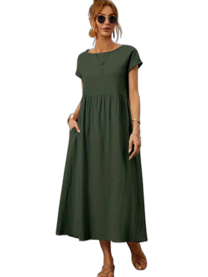 Effortless Green Maxi Dress for Women with Crew Neck Short Sleeve Tiered Flowing Pockets Casual Style