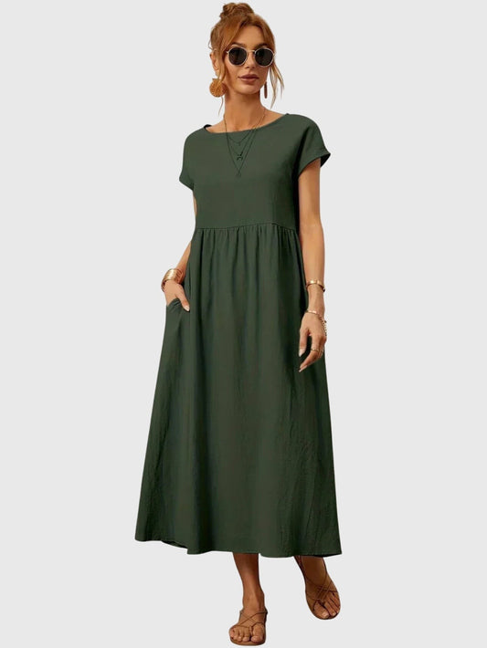 Effortless Green Maxi Dress for Women with Crew Neck Short Sleeve Tiered Flowing Pockets Casual Style