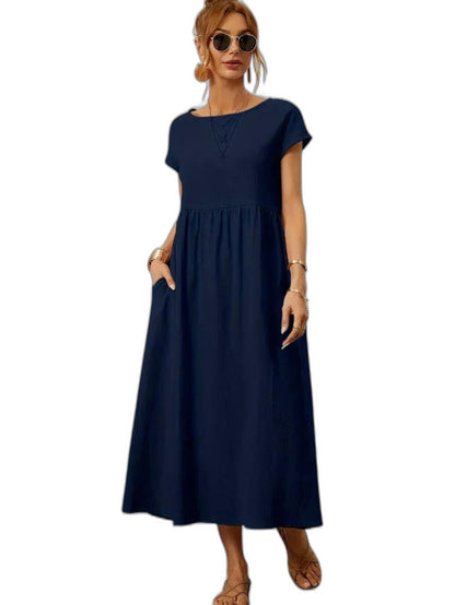 Effortless Green Maxi Dress for Women with Crew Neck Short Sleeve Tiered Flowing Pockets Casual Style
