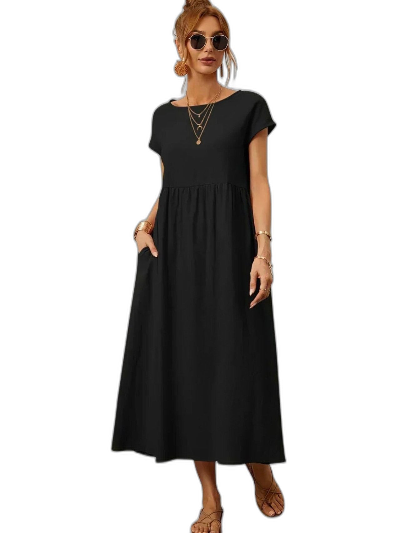 Effortless Green Maxi Dress for Women with Crew Neck Short Sleeve Tiered Flowing Pockets Casual Style