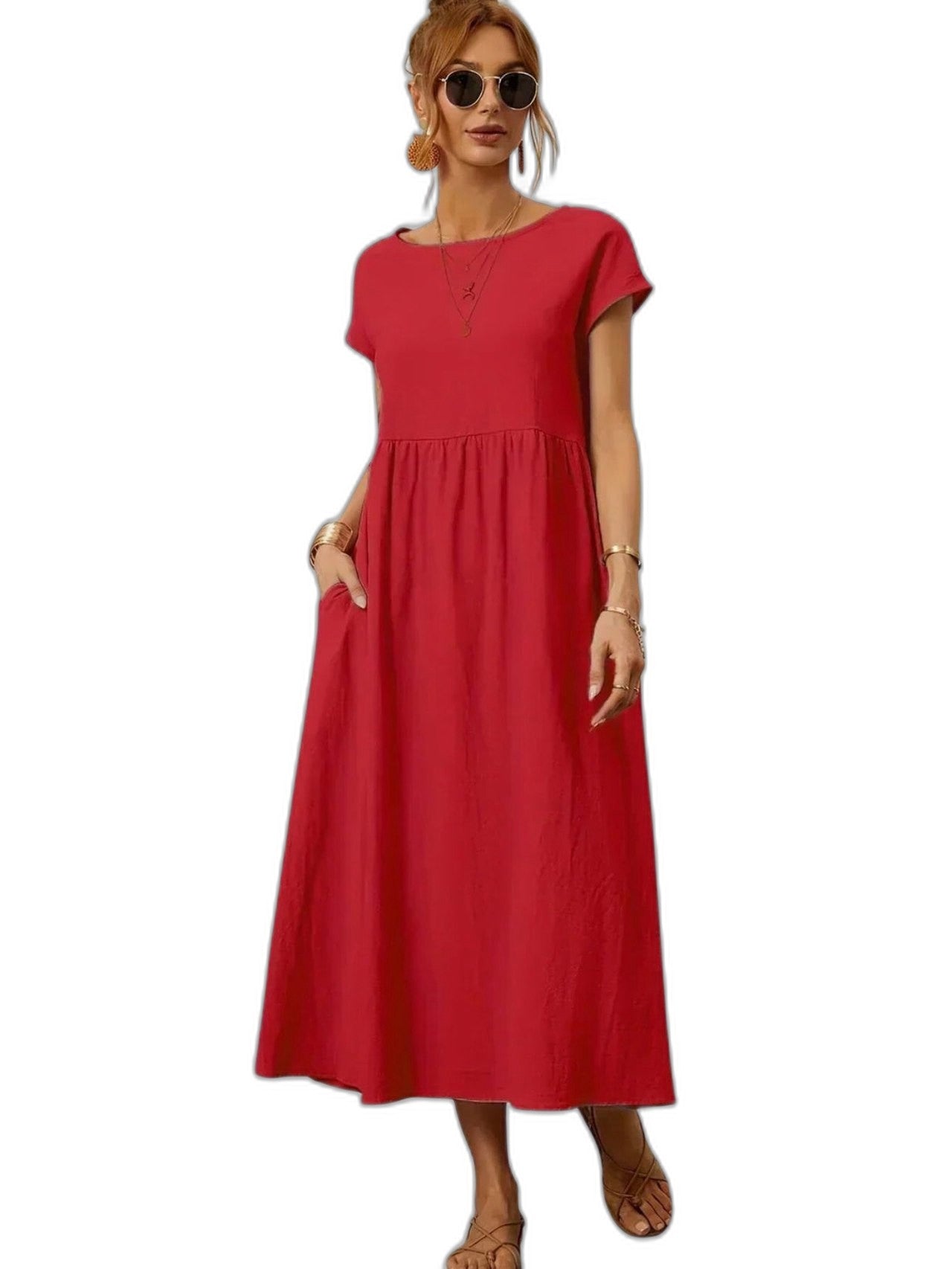 Effortless Green Maxi Dress for Women with Crew Neck Short Sleeve Tiered Flowing Pockets Casual Style