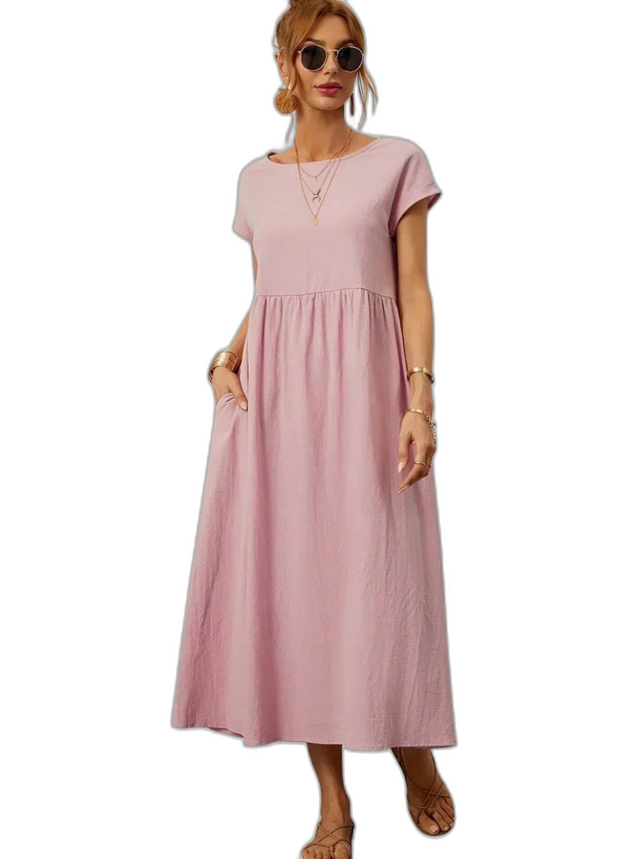 Effortless Green Maxi Dress for Women with Crew Neck Short Sleeve Tiered Flowing Pockets Casual Style