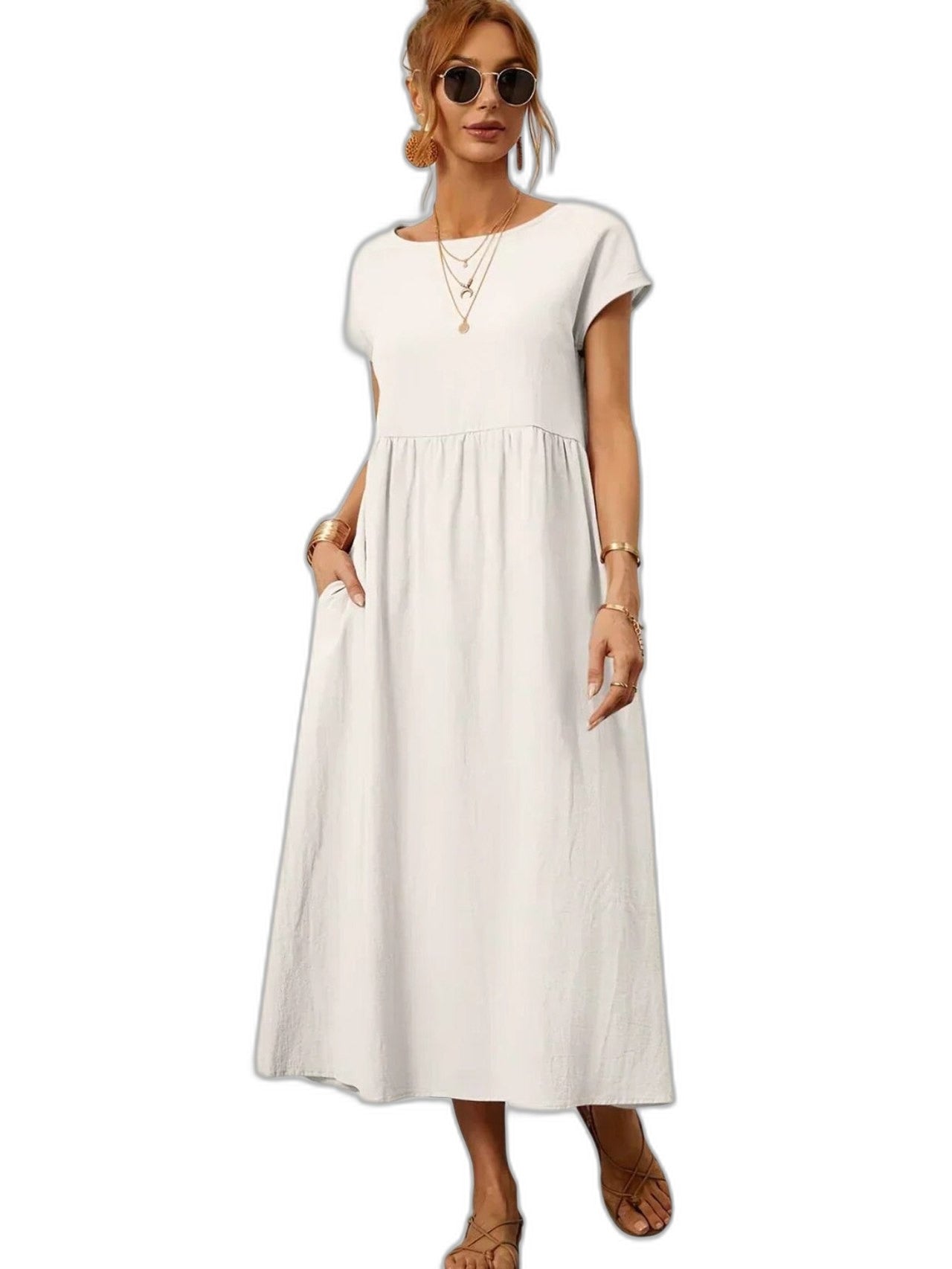 Effortless Green Maxi Dress for Women with Crew Neck Short Sleeve Tiered Flowing Pockets Casual Style