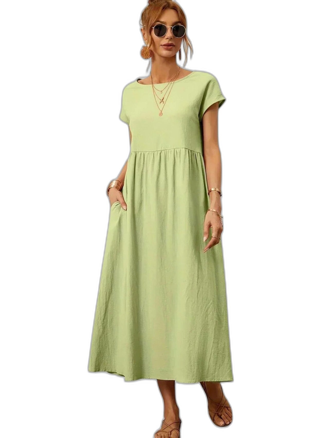 Effortless Green Maxi Dress for Women with Crew Neck Short Sleeve Tiered Flowing Pockets Casual Style