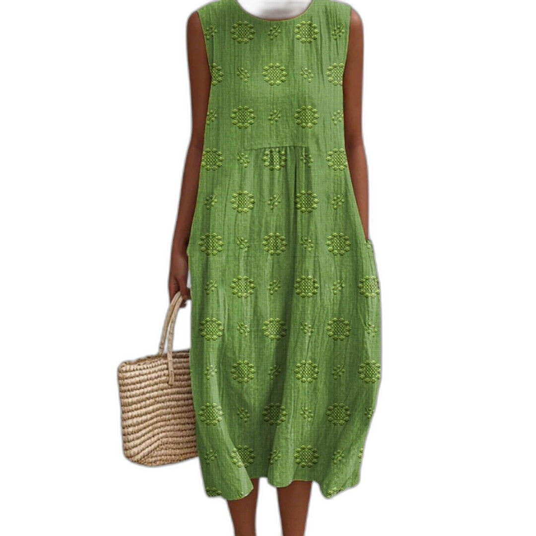 Effortless Green Midi Dress for Women with Crew Neck Sleeveless Tiered Flowing Pockets Casual Style