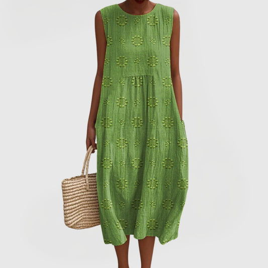 Effortless Green Midi Dress for Women with Crew Neck Sleeveless Tiered Flowing Pockets Casual Style