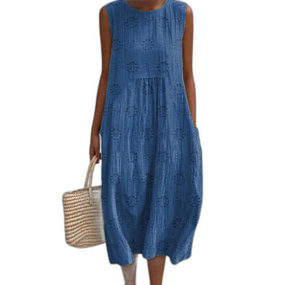 Effortless Green Midi Dress for Women with Crew Neck Sleeveless Tiered Flowing Pockets Casual Style
