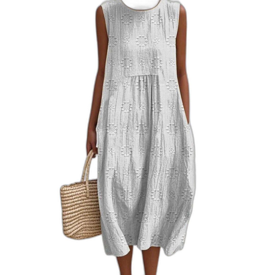 Effortless Green Midi Dress for Women with Crew Neck Sleeveless Tiered Flowing Pockets Casual Style