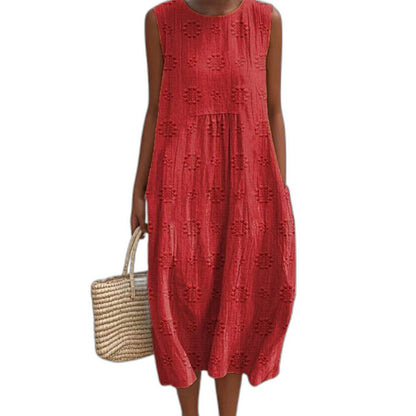 Effortless Green Midi Dress for Women with Crew Neck Sleeveless Tiered Flowing Pockets Casual Style