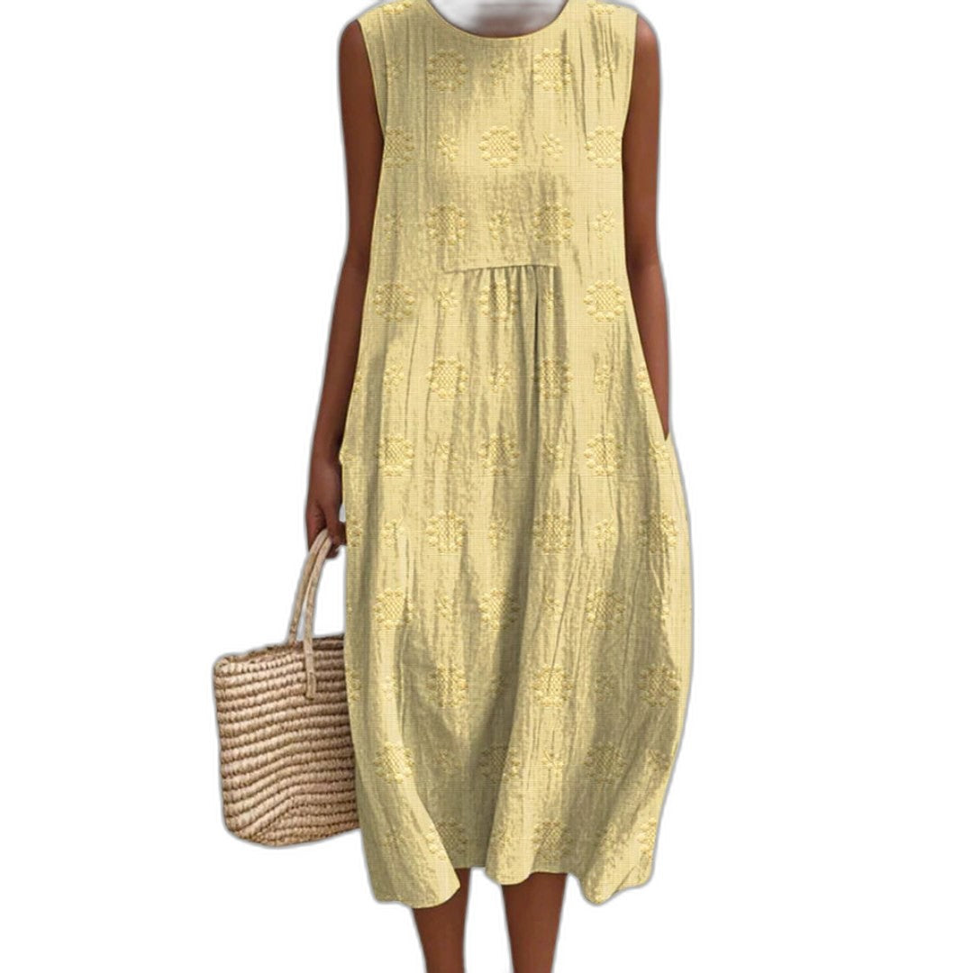 Effortless Green Midi Dress for Women with Crew Neck Sleeveless Tiered Flowing Pockets Casual Style