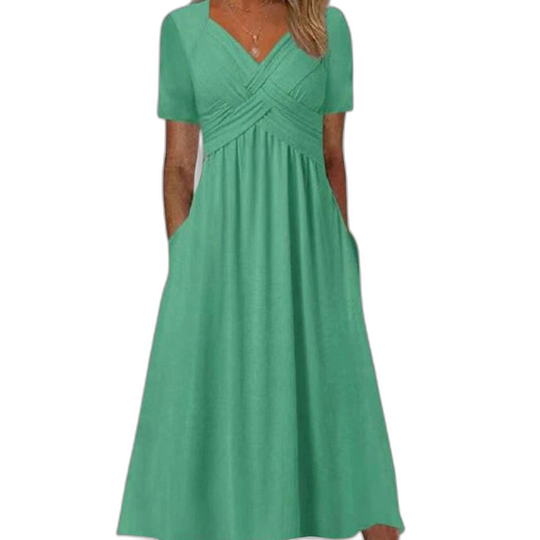 Effortless Green Midi Dress for Women with V Neck Short Sleeve Fit And Flare Empire Waist Casual Style