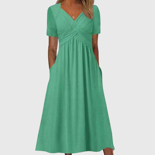 Effortless Green Midi Dress for Women with V Neck Short Sleeve Fit And Flare Empire Waist Casual Style