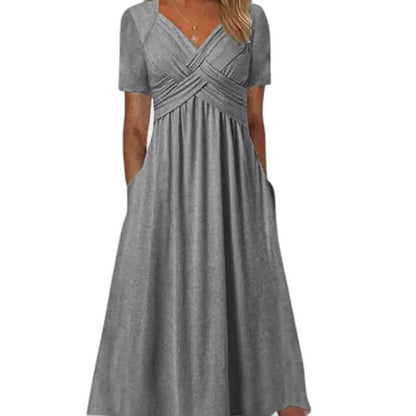 Effortless Green Midi Dress for Women with V Neck Short Sleeve Fit And Flare Empire Waist Casual Style