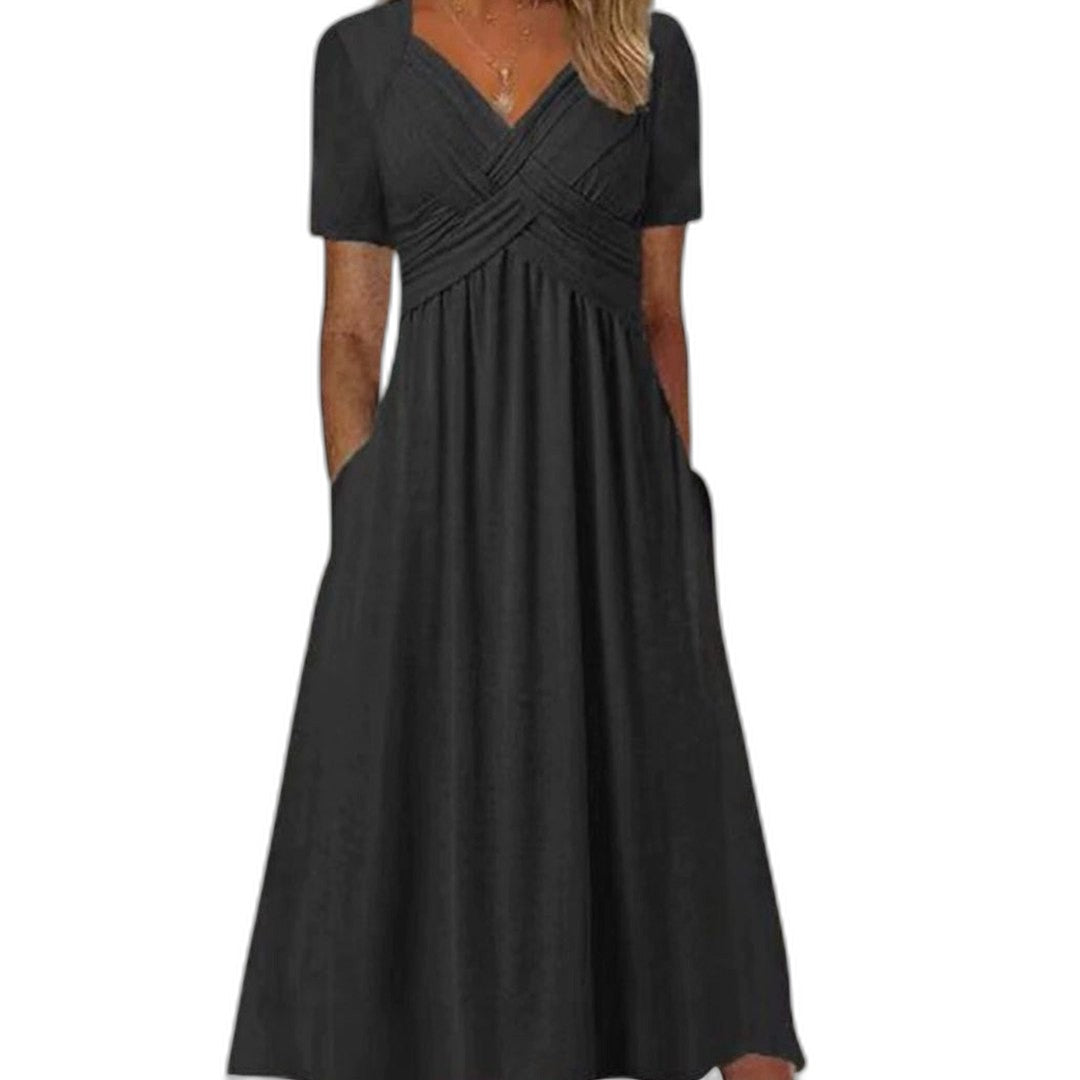 Effortless Green Midi Dress for Women with V Neck Short Sleeve Fit And Flare Empire Waist Casual Style