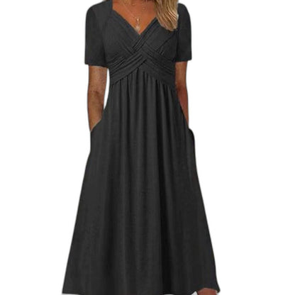Effortless Green Midi Dress for Women with V Neck Short Sleeve Fit And Flare Empire Waist Casual Style