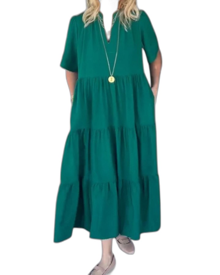 Effortless Green Midi Dress for Women with V Neck Short Sleeve Tiered Flowing Casual Style