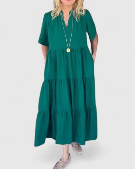 Effortless Green Midi Dress for Women with V Neck Short Sleeve Tiered Flowing Casual Style
