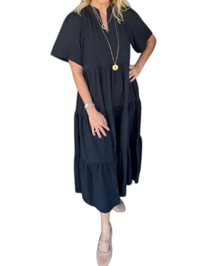 Effortless Green Midi Dress for Women with V Neck Short Sleeve Tiered Flowing Casual Style