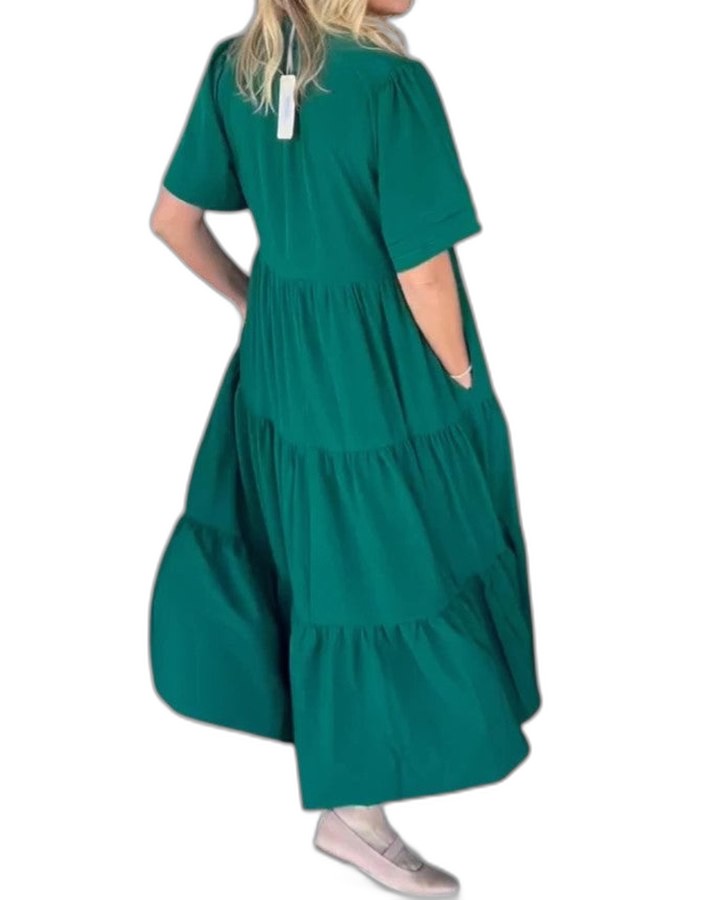Effortless Green Midi Dress for Women with V Neck Short Sleeve Tiered Flowing Casual Style